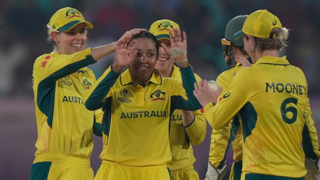 Alana King is congratulated by teammates after spinning out Bangladesh’s dangerous Shorna Akter.