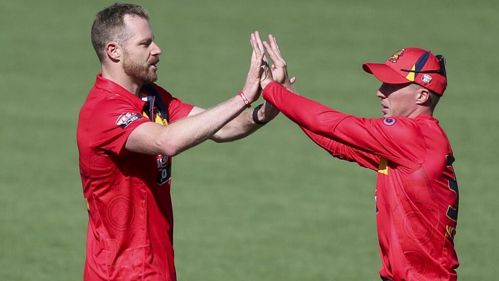 SA’s Nathan McAndrew (left) and Nathan McSweeney were among the wickets in a win over Queensland.