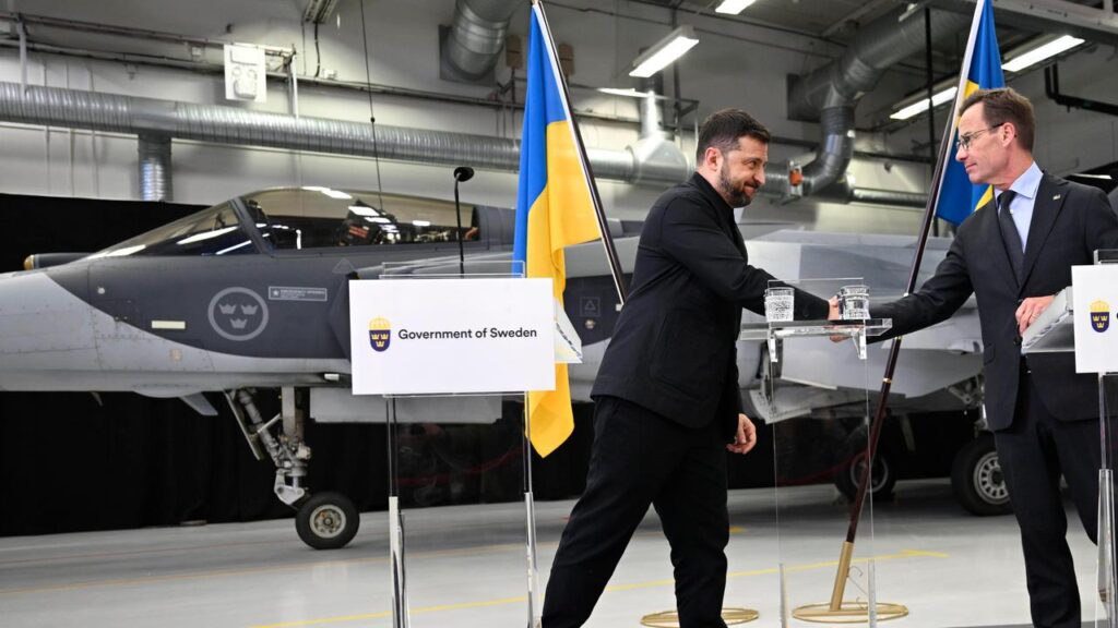 Ukrainian President Volodymyr Zelenskiy has visited jet fighter maker Saab in southern Sweden.
