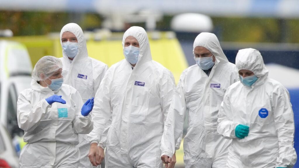 Forensic teams are examining the scene of a stabbing incident at a synagogue in Manchester.
