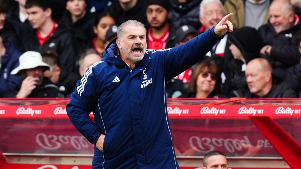 Ange Postecoglou shouts instructions during what proved to be his last game in charge of Forest.