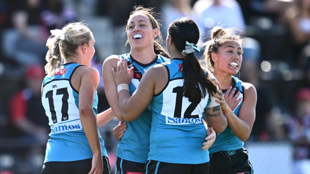 Port Adelaide’s Indy Tahau (centre) has set an AFLW goalkicking benchmark in a win over Adelaide.
