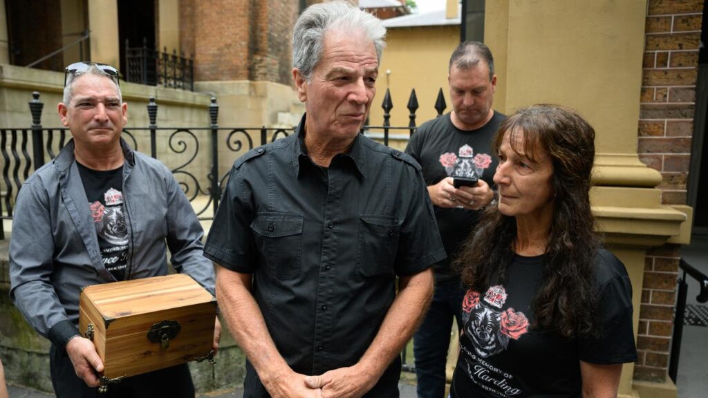 Rhyce Harding’s ashes were brought into court by his brother Michael Grech (left).