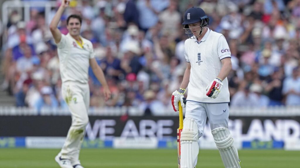 England’s Harry Brook (right) says Australia will be dangerous with or without Pat Cummins (left). 
