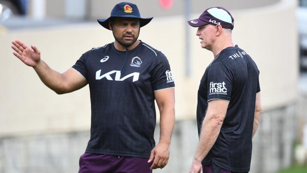 Brisbane’s defensive coach Ben Te’o (left) and coach Michael Maguire have been a great team in 2025.
