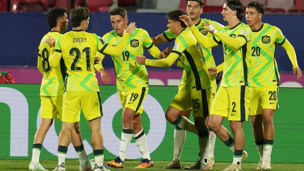 A double from Max Caputo (third left) helped the Young Socceroos to a 3-1 win over Cuba.