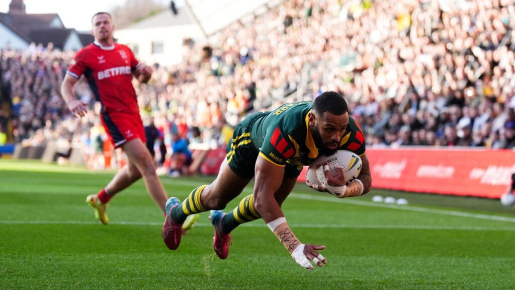 Josh Addo-Carr flies over for Australia’s first try in the 30-8 win over England in the third Test.

