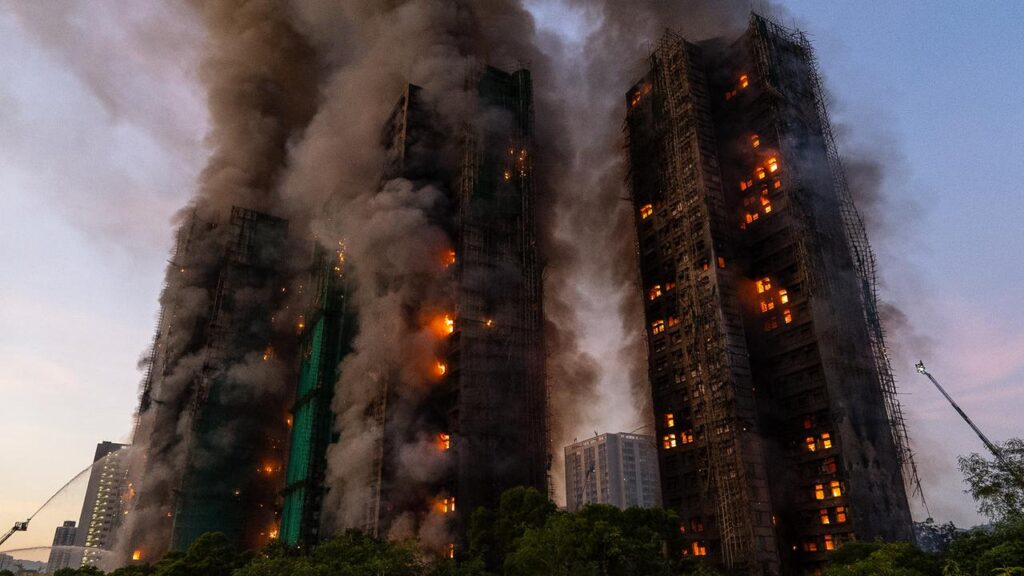 Flames spread on bamboo scaffolding that was set up around the Hong Kong housing complex.

