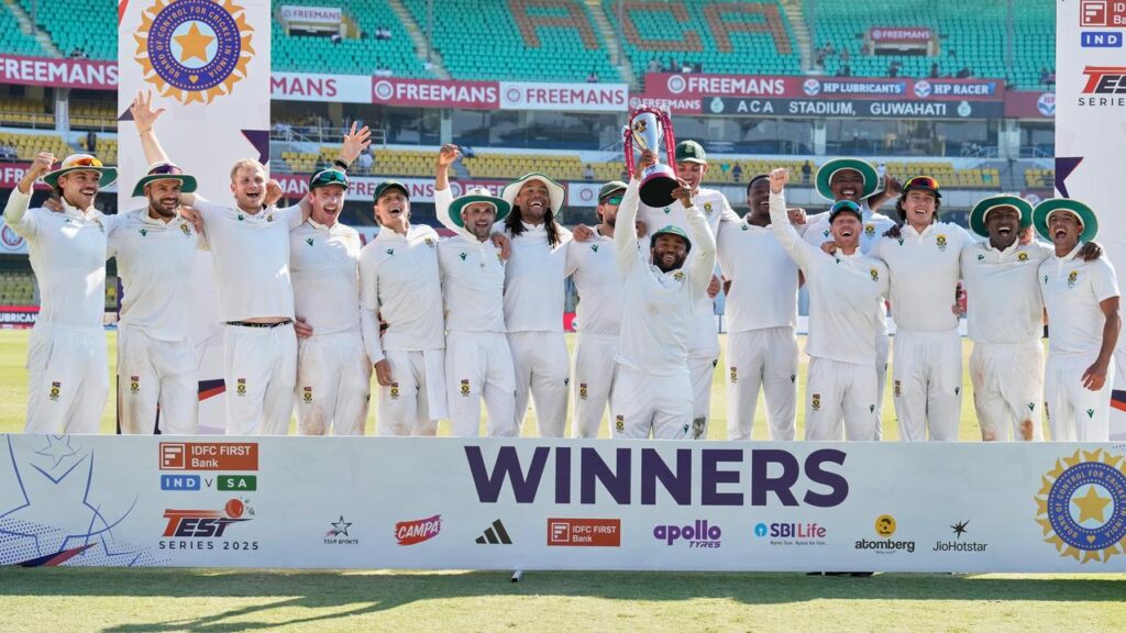 South Africa’s cricket team celebrate their 2-0 Test series win in India.
