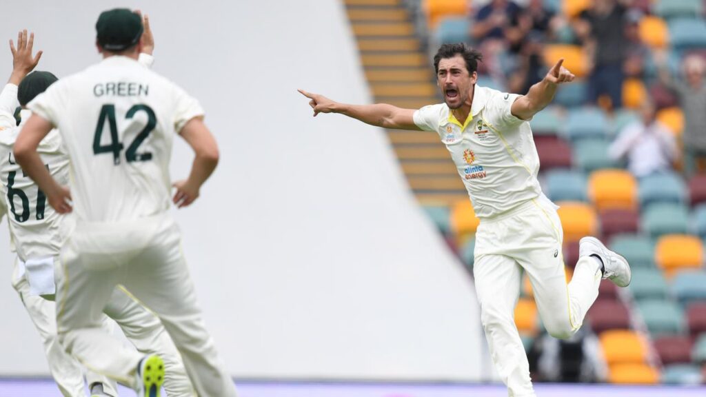 Mitchell Starc bowls Rory Burns first ball in the first Ashes Test at the Gabba in 2021.
