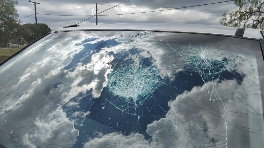 Cars were left with smashed windscreens after large hailstones hit the Queensland town of Pratten.
