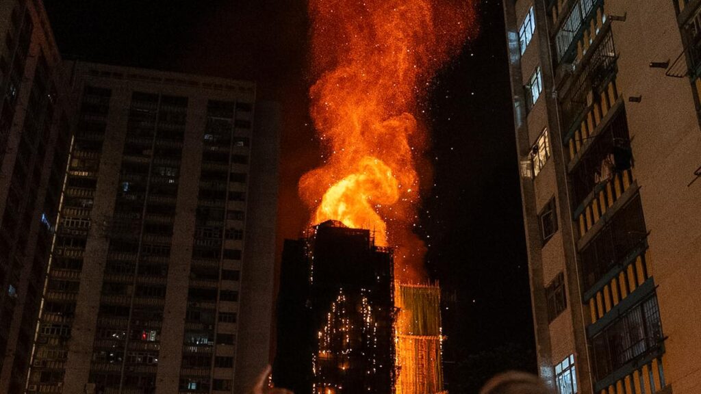 Firefighters have battled a blaze at the Wang Fuk Court residential estate into the night.
