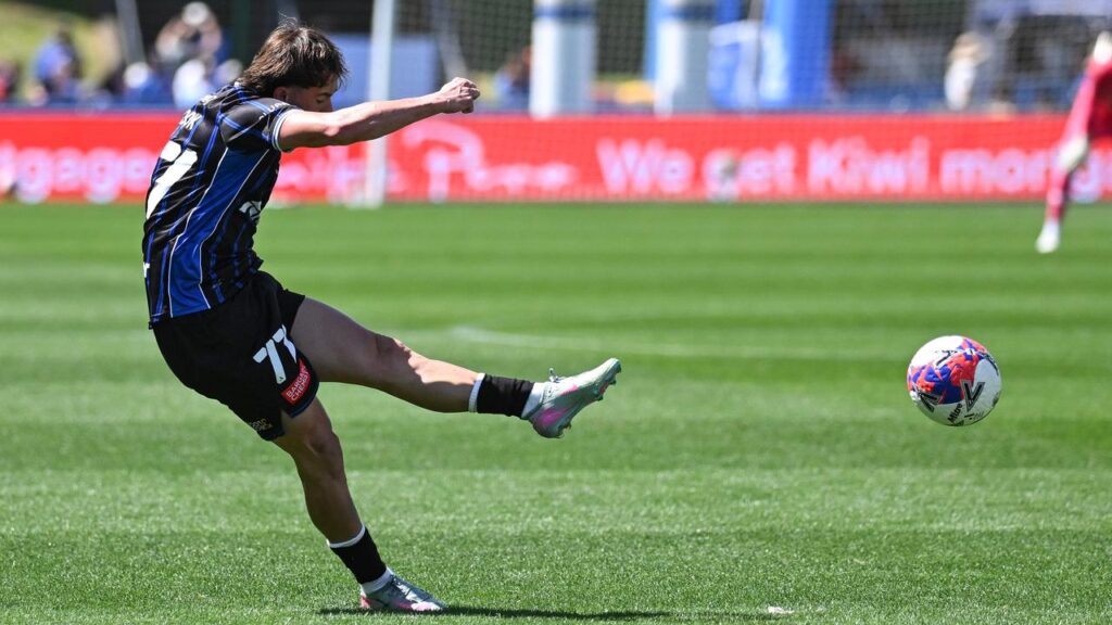 A sweet Lachlan Lachie Brook free kick has helped Auckland FC to a 1-1 draw at home to Brisbane.
