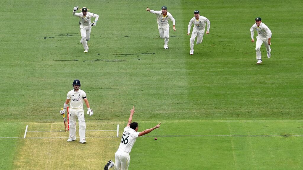 SPECIAL GABBA MOMENT: England’s Rory Burns is bowled first ball of the 2021 Ashes by Mitchell Starc.
