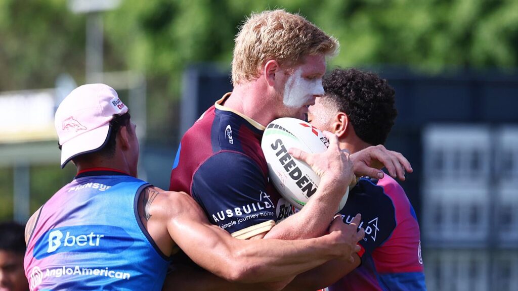 Tom Flegler has charged into contact work at Dolphins training on his way back to the playing field.
