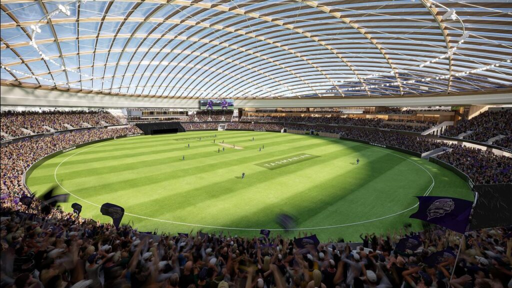 The proposed roofed Macquarie Point stadium faces criticism that its costs outweight its benefits.
