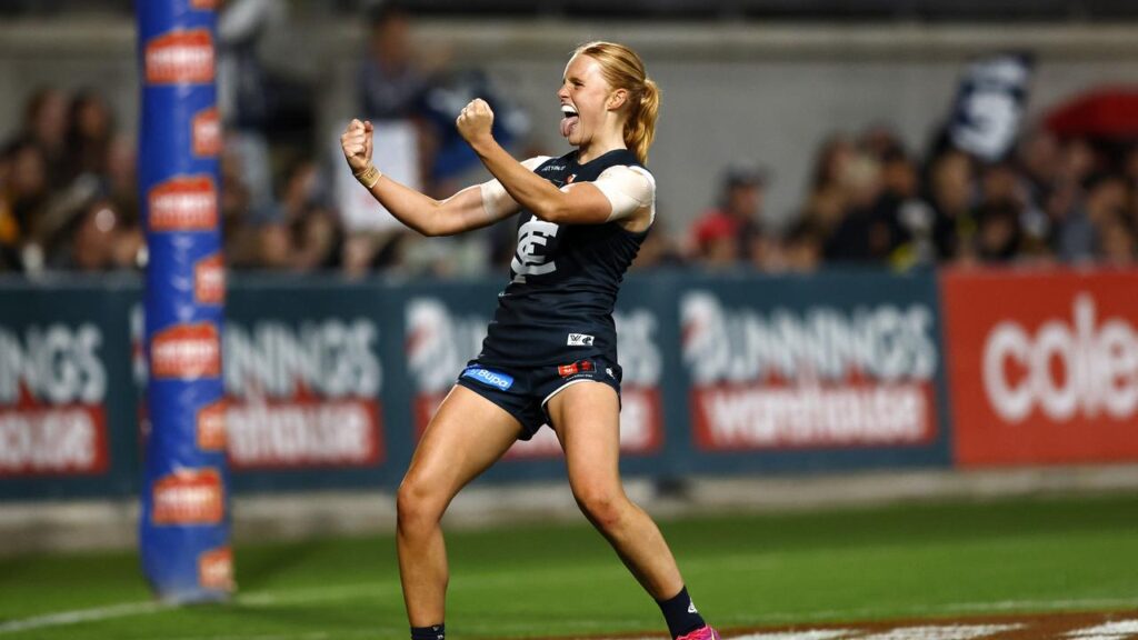 Sophie McKay of Carlton celebrates a goal in the Blues’ AFLW semi-final win over the Hawks.
