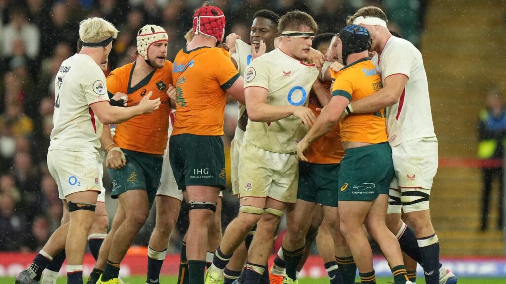Players of both sides square up at Twickenham.