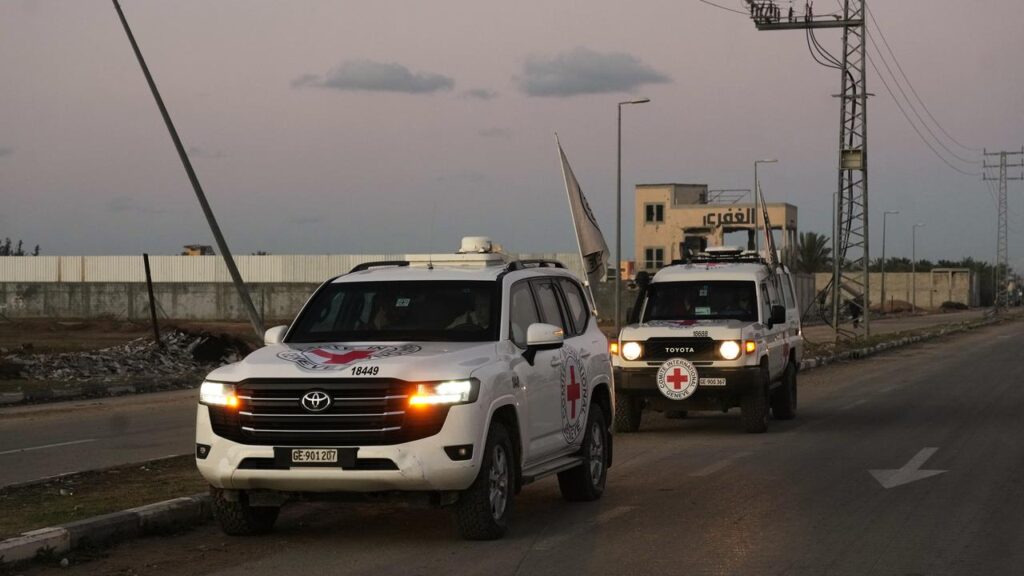 A Red Cross convoy carried the remains of hostage Dror Or after it was handed over by Hamas in Gaza.
