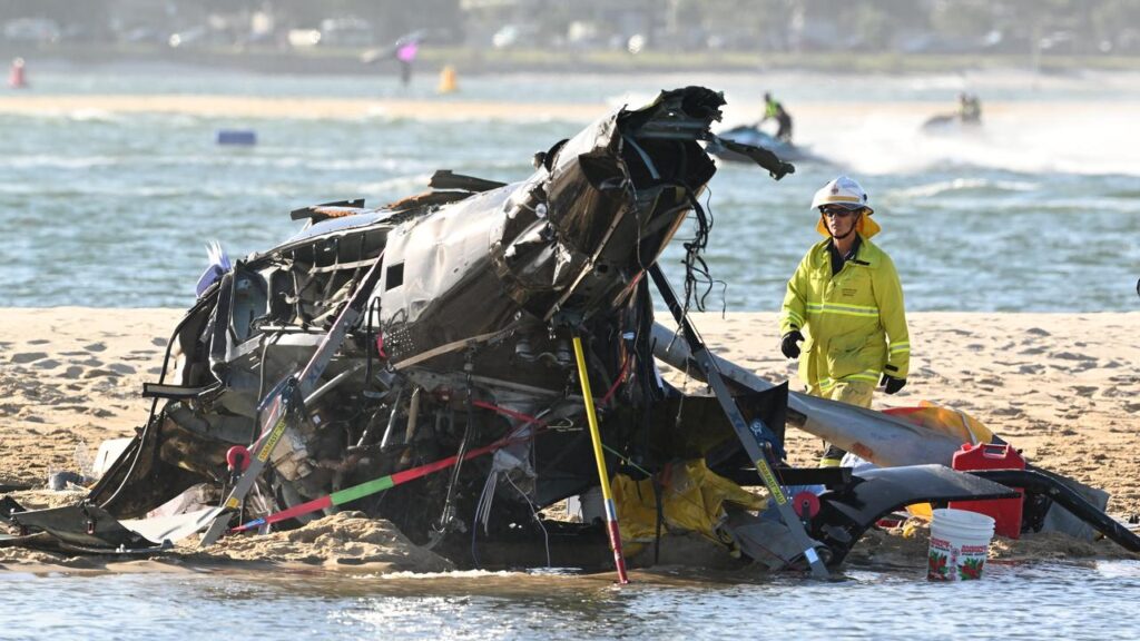 Four people died after two helicopters collided outside a Gold Coast theme park in January 2023.
