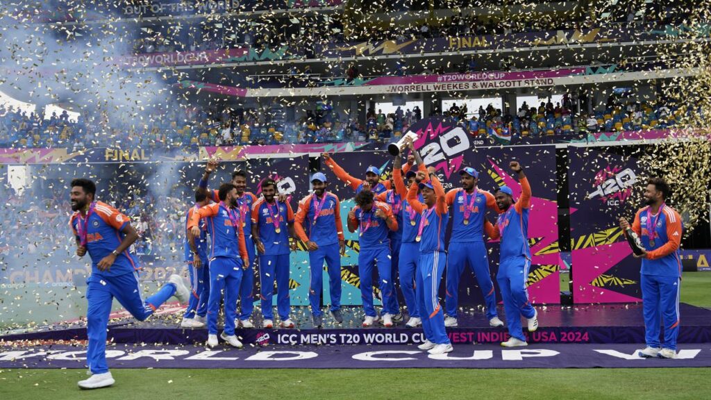 Jubilant India players celebrate victory in the 2024 final against South Africa.
