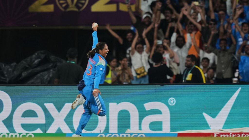India captain Harmanpreet Kaur wheels away in joy after the catch that won the Women’s World Cup.

