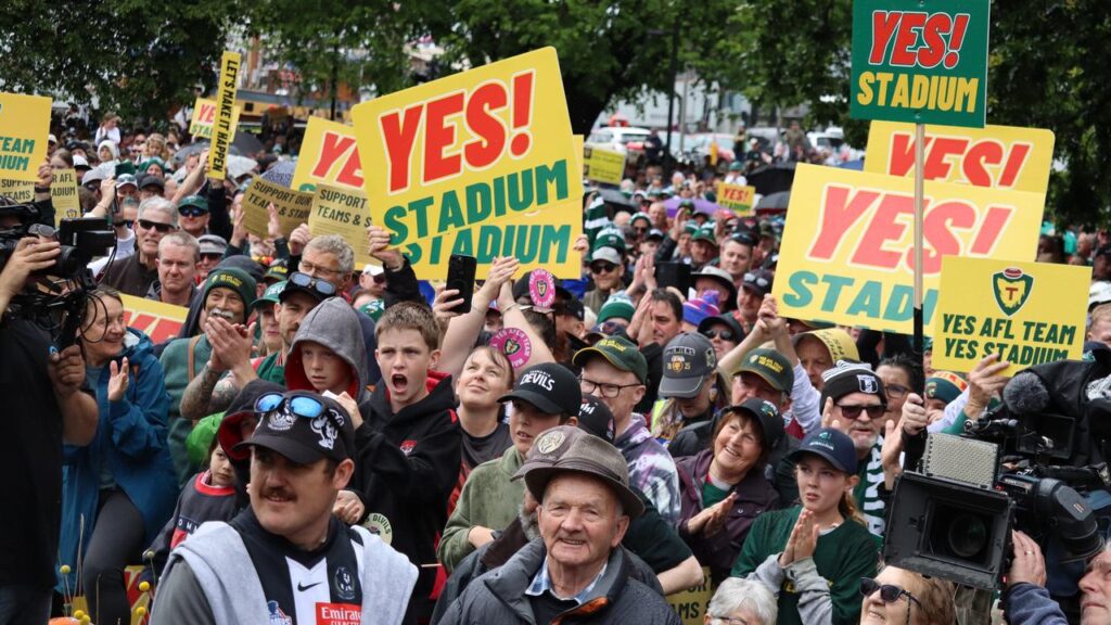 Macquarie Point AFL stadium supporters have rallied on the lawns of Parliament House in Hobart.
