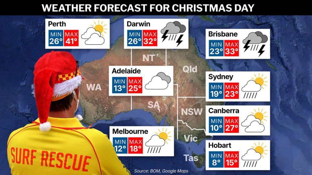Australia’s Christmas Day weather outlook includes rain and extreme heat.

