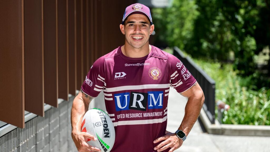 Jamal Fogarty shows off his new Manly outfit after completing a career-best season with Canberra.

