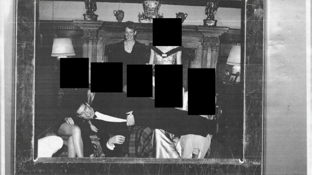 Andrew Mountbatten-Windsor lays on people’s laps with Ghislaine Maxwell standing above.
