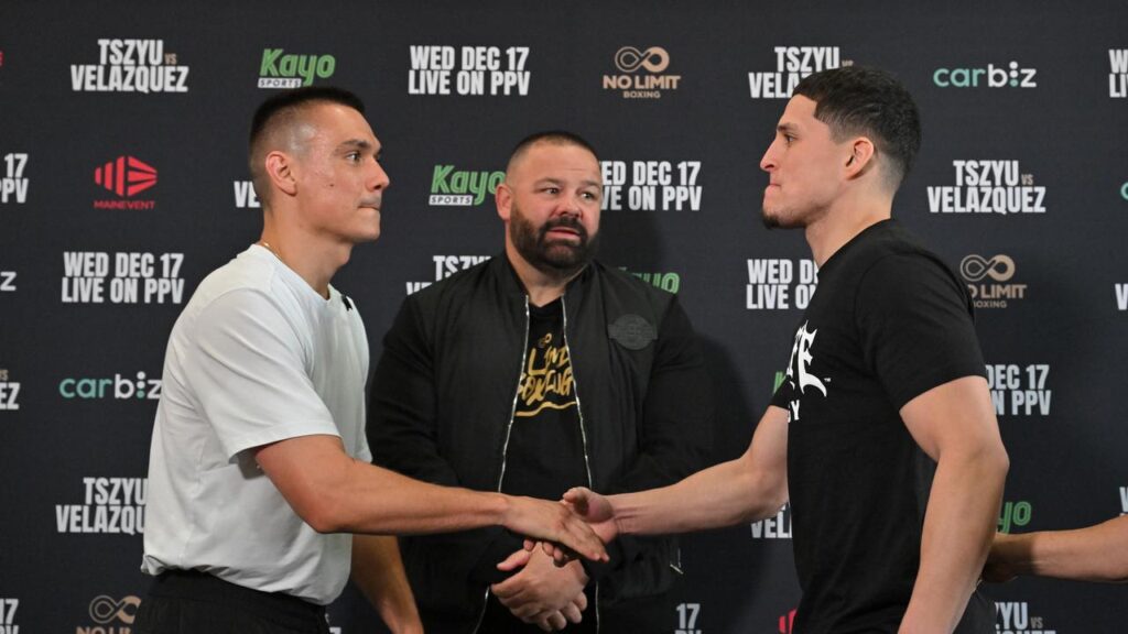 Tim Tszyu and unbeaten American Anthony Velazquez go toe-to-toe in Sydney on Wednesday.
