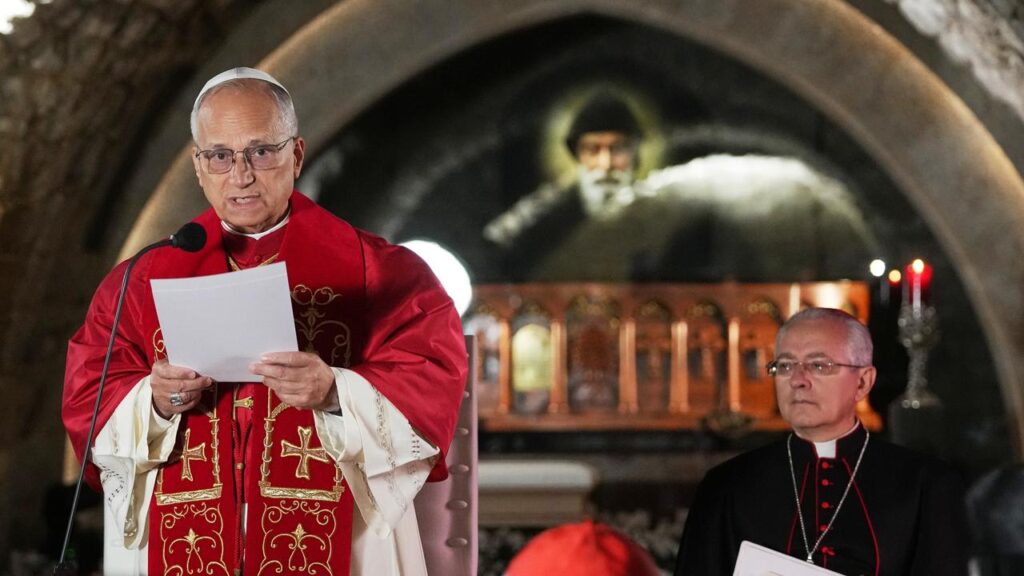 Pope Leo has spoken in front of the tomb of St Charbel at the Monastery of Saint Maroun in Lebanon.

