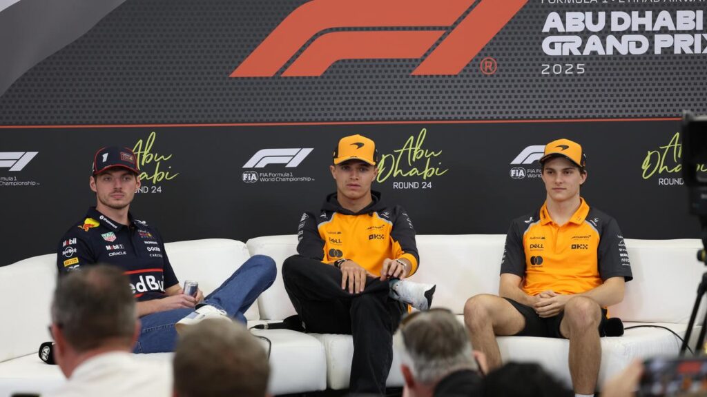 Title hopefuls Max Verstappen, Lando Norris and Oscar Piastri meet on Abu Dhabi GP media day.
