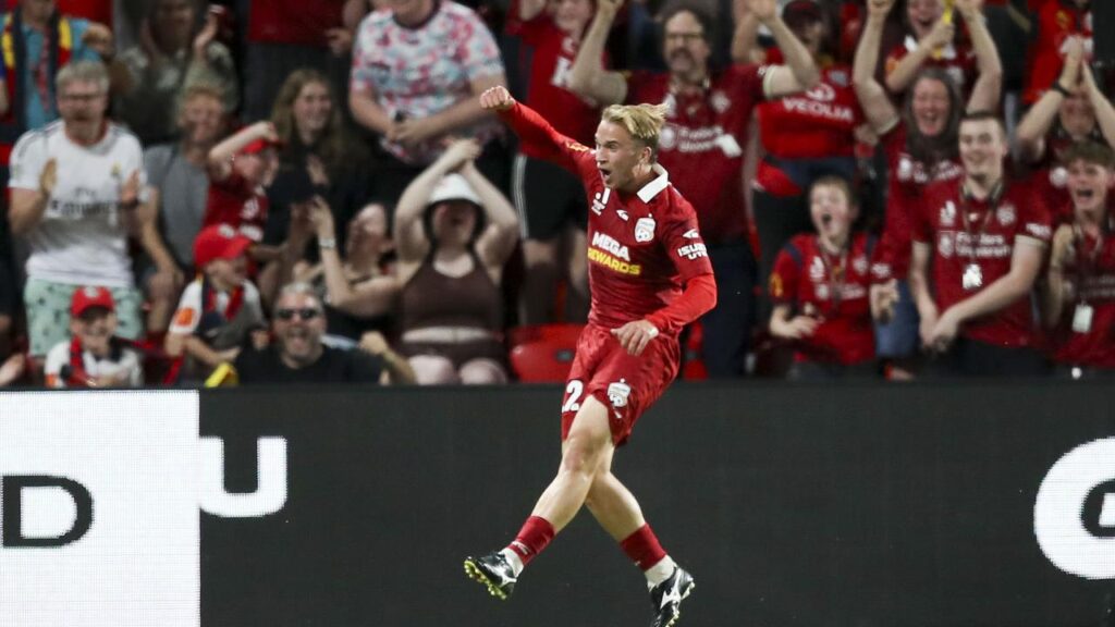 Jonny Yull rejoices after scoring the extra-time winner for Adelaide United against Western Sydney.
