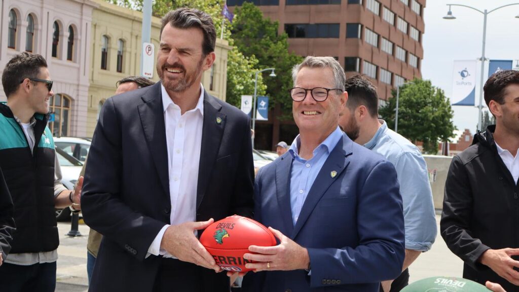 Tasmania Devils CEO Brendon Gale and chairman Grant O’Brien had plenty to smile about. 
