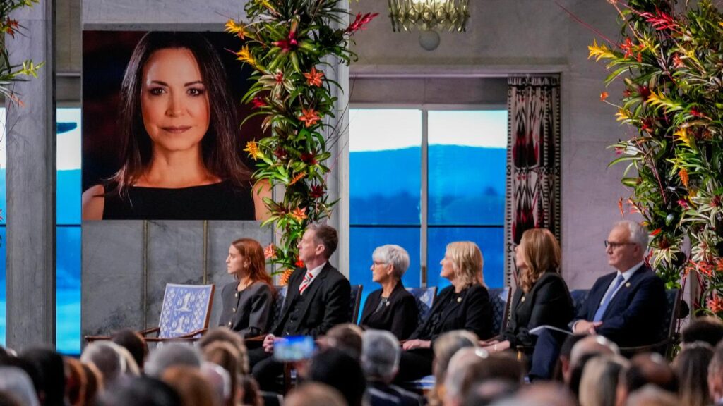 A portrait of Maria Corina Machado hung in the Oslo City Hall to represent the Nobel laureate.
