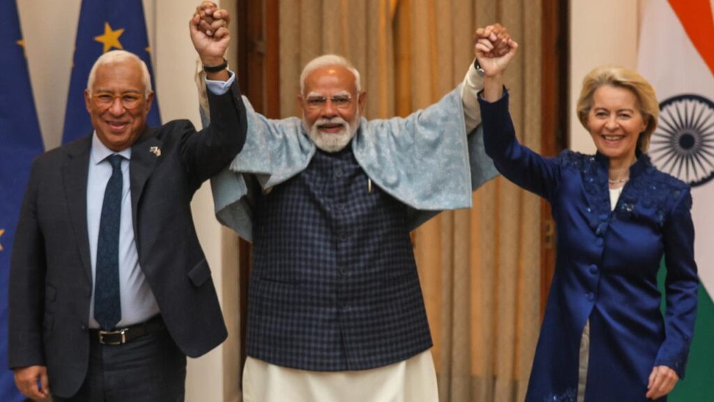 Antonio Luis Santos da Costa, Narendra Modi and Ursula von der Leyen celebrate the India-EU deal.
