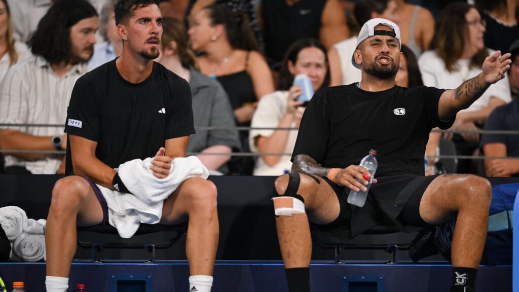 Thanasi Kokkinakis (l) and Nick Kyrgios (r) were beaten by France’s Sadio Doumbia and Fabien Reboul.
