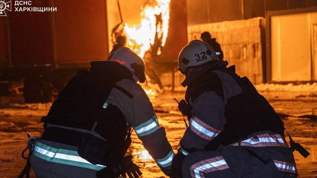 Ukranian emergency services battled a number of fires after an intense wave of Russian strikes.
