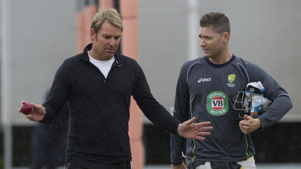 Michael Clarke (R) says Shane Warne would have had plenty to say about the lack of spin bowling.
