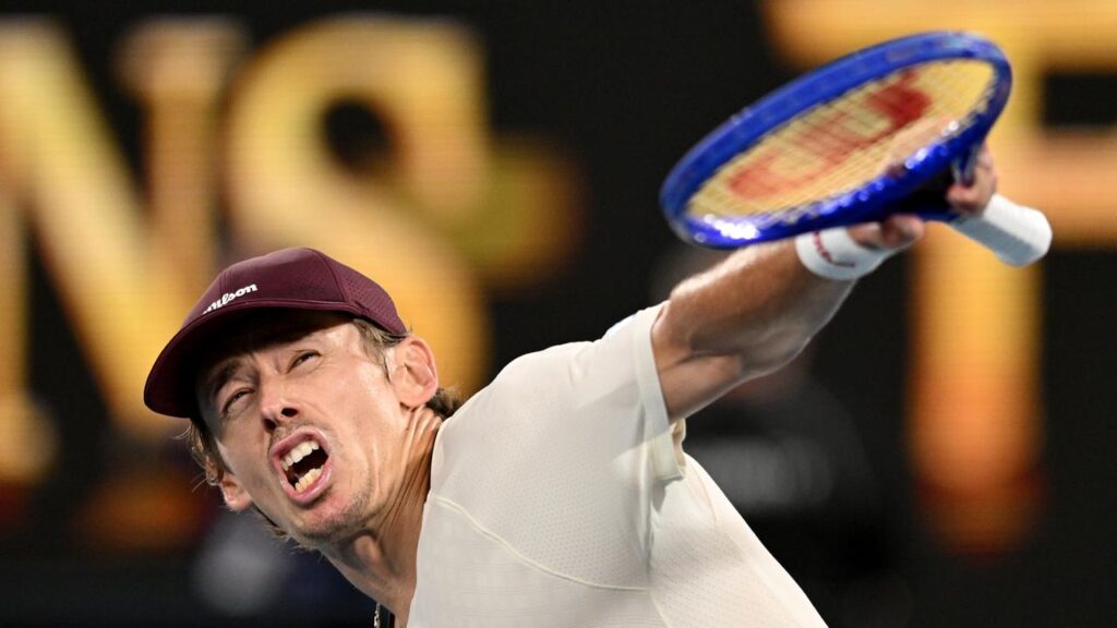 Alex de Minaur celebrates his win over Frances Tiafoe in the third round of the Open.
