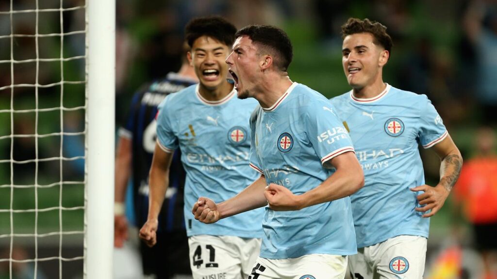 Medin Memeti (c) celebrates his 81st minute winner for Melbourne City against Auckland FC.
