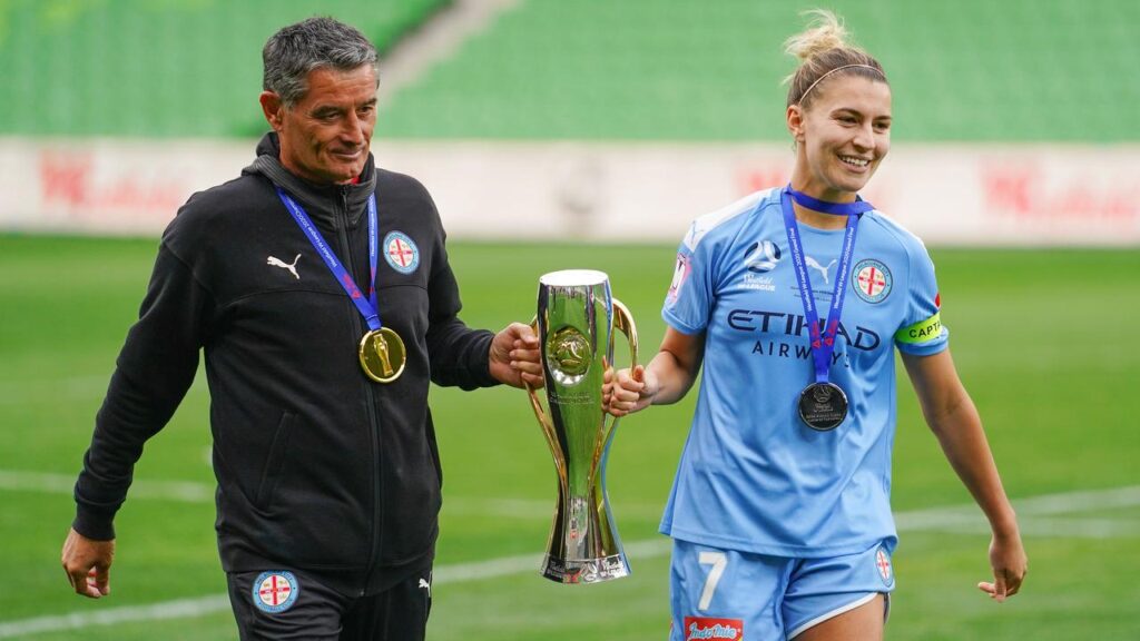Rado Vidosic with Steph Catley after Melbourne City’s 2020 grand final win, has died.
