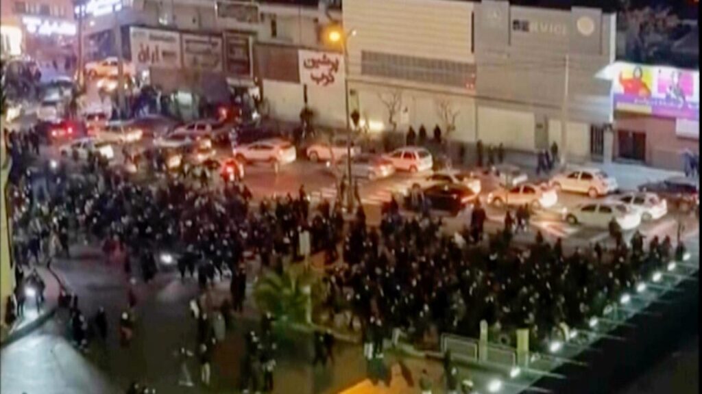Videos thought to have been taken in Tehran show hundreds of people marching in protests.
