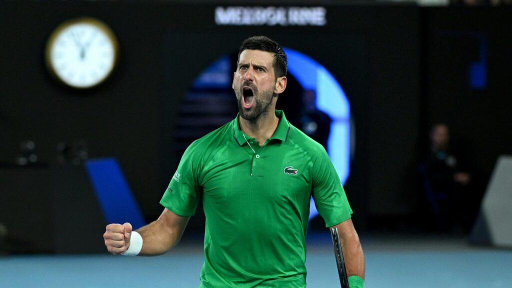 Novak Djokovic roars amid his epic Australian Open semi-final triumph over Jannik Sinner.
