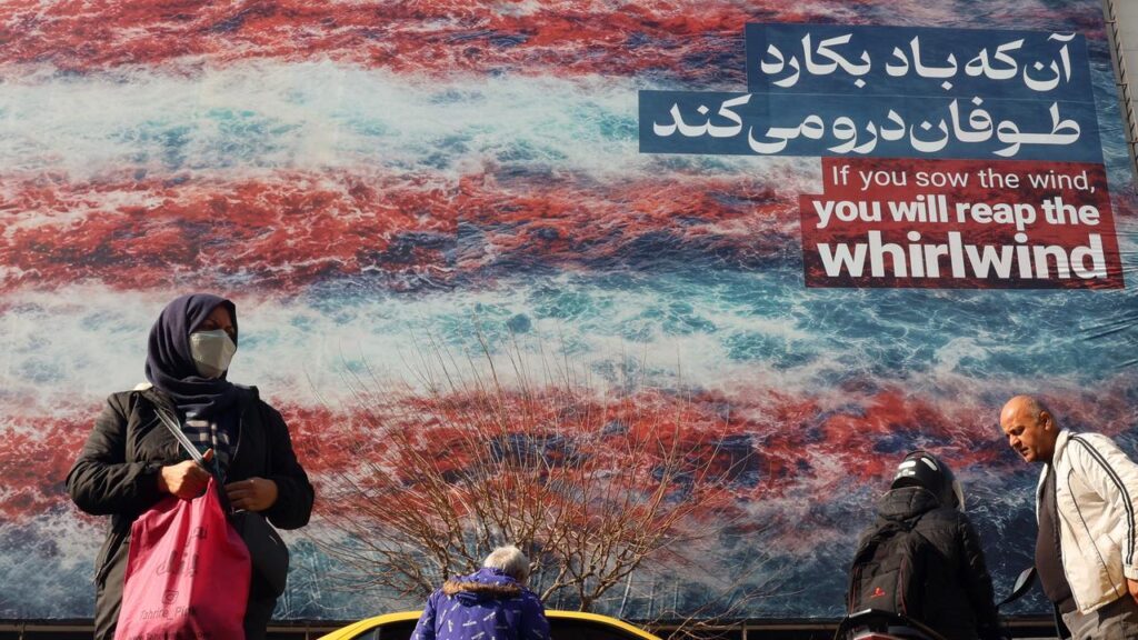 Anti-US billboards were put up in Tehran after Donald Trump renewed threats of military action.
