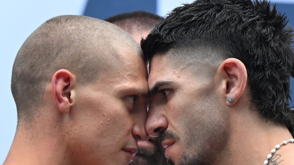 Nikita Tszyu (l) and Michael Zerafa (r) butt heads at the weigh-in for their much anticipated fight.
