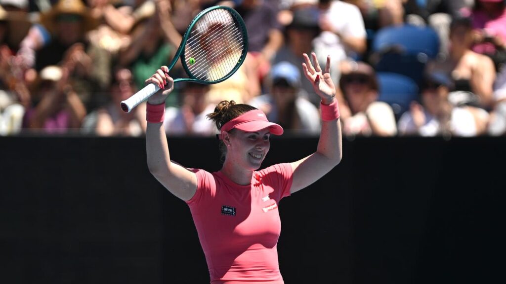 Talia Gibson celebrates her upset first-round win over Anna Blinkova.
