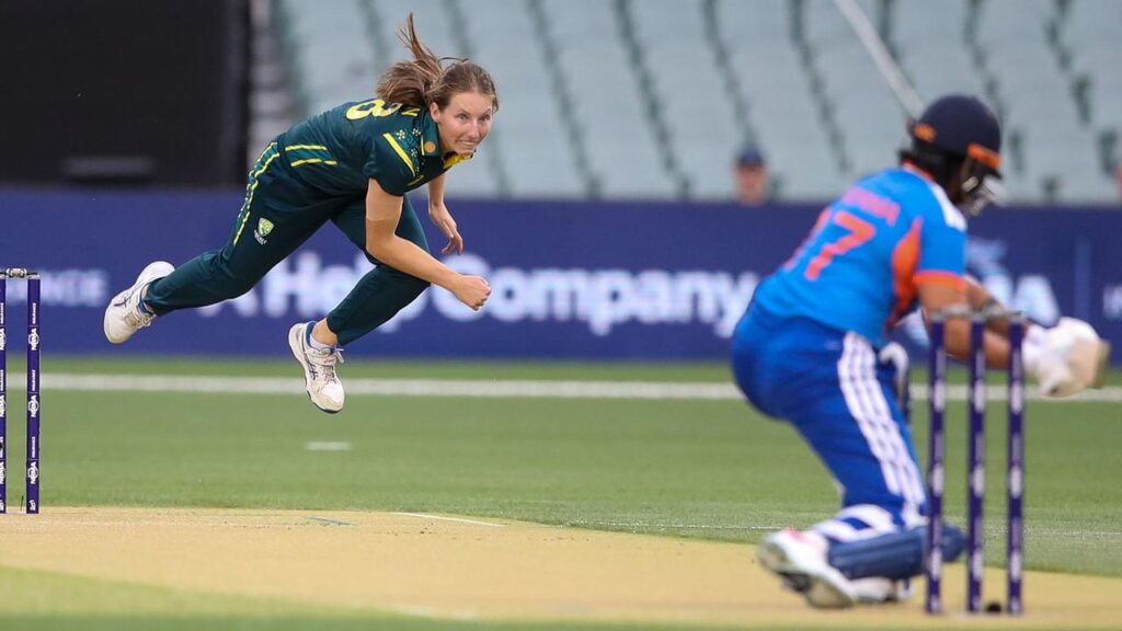 Australia quick Darcie Brown in full flight against India in the third T20I at Adelaide Oval.
