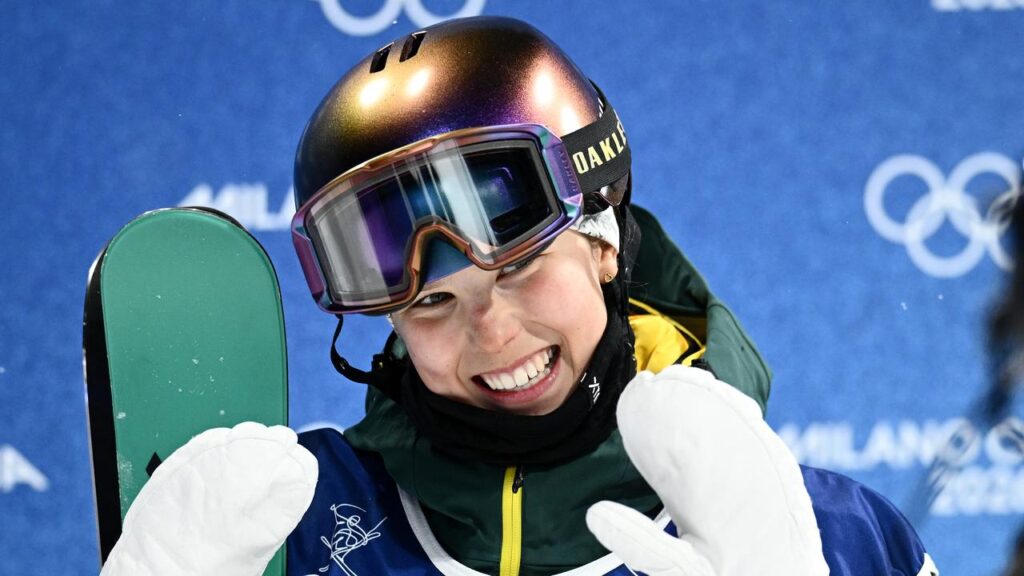 Indra Brown beams after the brilliant run that booked her Olympic freeski halfpipe final spot.
